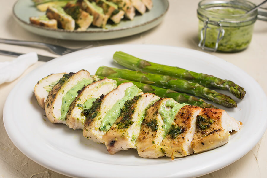 Air Fryer Stuffed Chicken with Asparagus