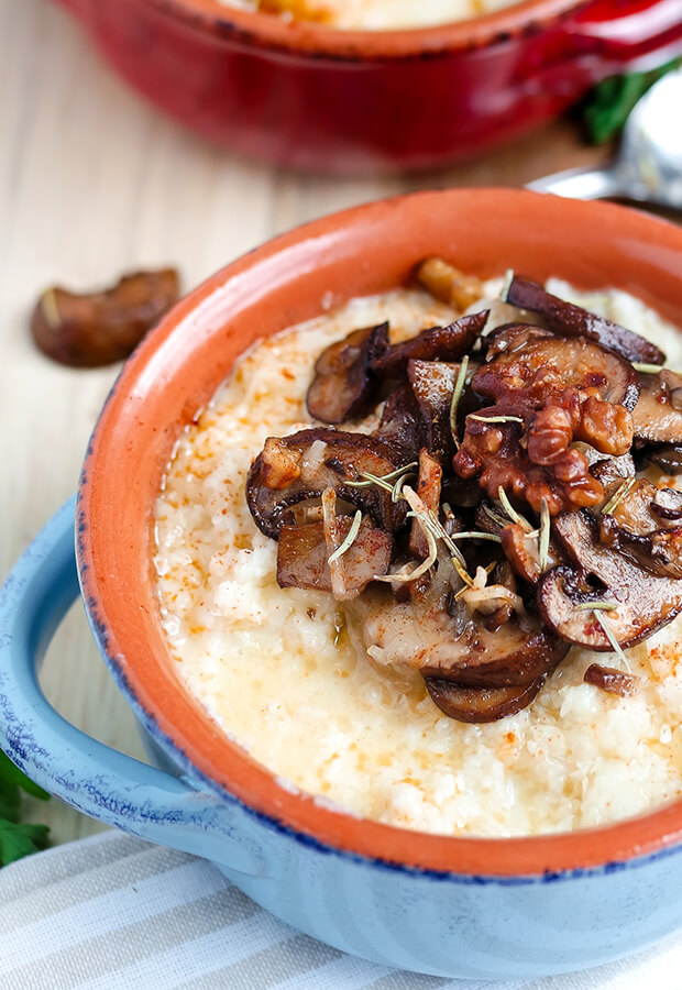 Roasted Mushroom and Walnut Cauliflower Grits