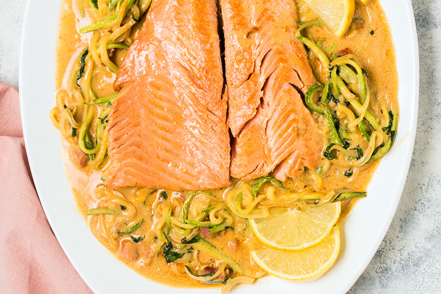 Salmon & Zoodles in Creamy Bacon Tomato Sauce