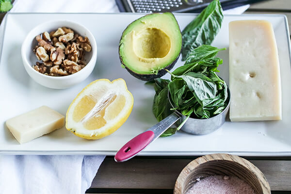 Zucchini Ribbons with Avocado Walnut Pesto