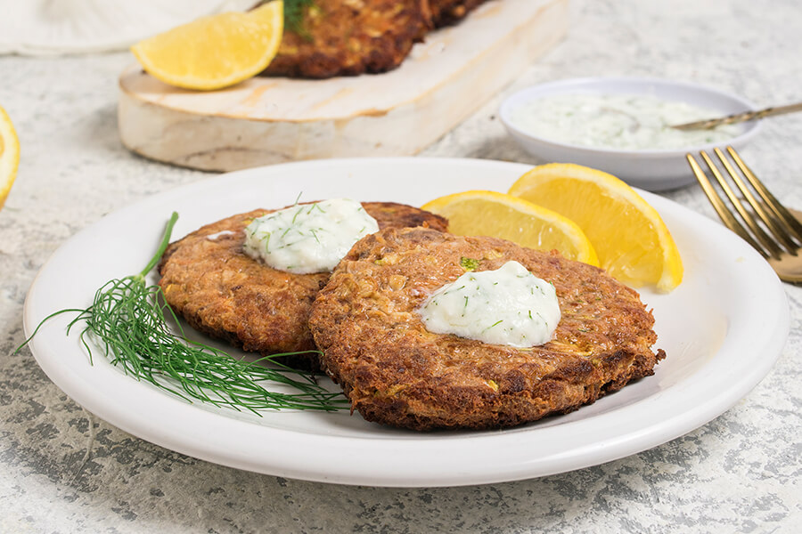 Zucchini Salmon Fritters with Lemon Dill Sauce